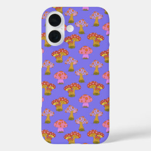 かわいいレトロヒッピーのキノコの模様(紫) iPhone 16ケース