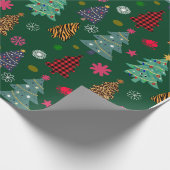 かわいいレトロピンクと緑のクリスマスツリー ラッピングペーパー (角)
