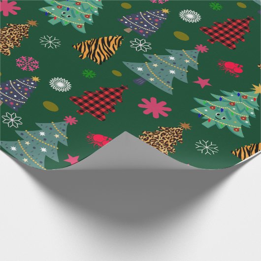 かわいいレトロピンクと緑のクリスマスツリー ラッピングペーパー (角)