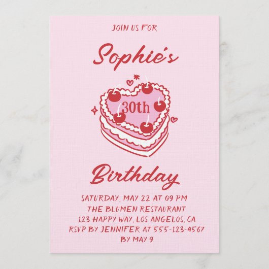 かわいいレトロピンクハートケーキ 30歳の誕生日パーティー 招待状 (正面)