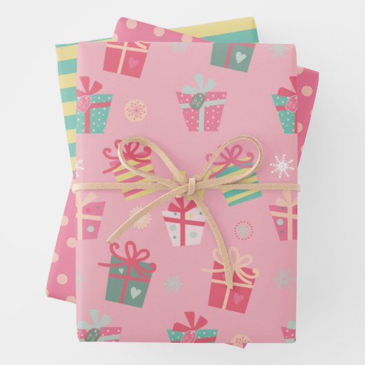 かわいいレトロピンクプレゼントホリデークリスマス ラッピングペーパーシート (インサイチュ)