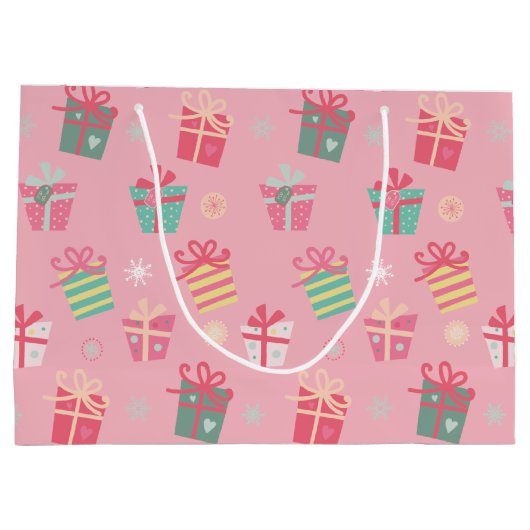 かわいいレトロピンクプレゼントホリデークリスマス ラージペーパーバッグ (裏面)