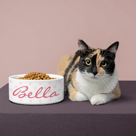 かわいいレトロピンク水玉模様ネコ子猫ペットネーム食品 ボウル