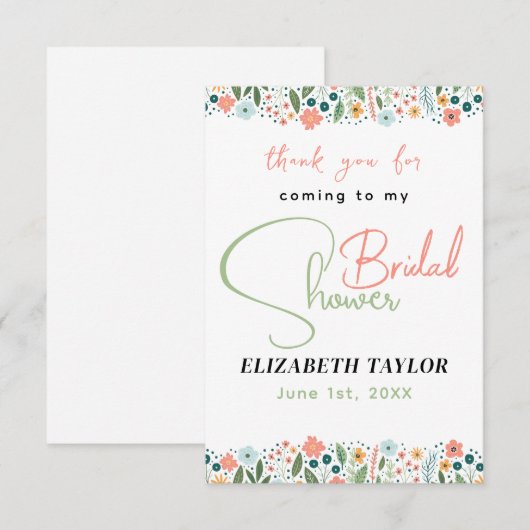 かわいいレトロフラワーのブライダルシャワー サンキューカード (正面/裏面)