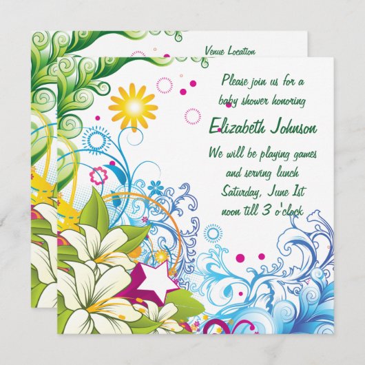 かわいいレトロフラワースターズ男女兼用ベビーシャワー 招待状 (正面/裏面)