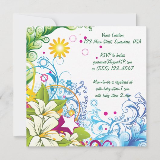 かわいいレトロフラワースターズ男女兼用ベビーシャワー 招待状 (裏面)
