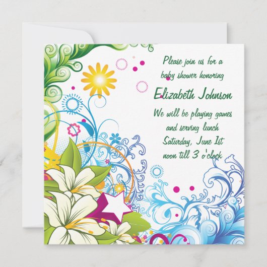 かわいいレトロフラワースターズ男女兼用ベビーシャワー 招待状 (正面)