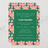 かわいいレトロフラワーピースピンクグリーンバルミツワー 招待状 (正面/裏面)