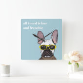 かわいいレトロフランスのブルーブルドッグとネオングラス スクエア壁時計 (ホーム)