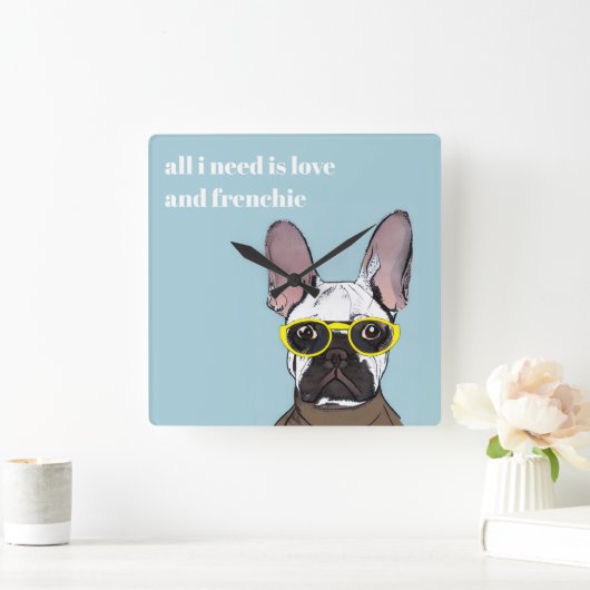 かわいいレトロフランスのブルーブルドッグとネオングラス スクエア壁時計 (ホーム)