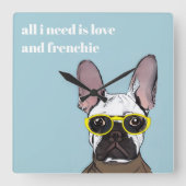 かわいいレトロフランスのブルーブルドッグとネオングラス スクエア壁時計 (正面)