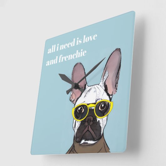 かわいいレトロフランスのブルーブルドッグとネオングラス スクエア壁時計 (傾斜)