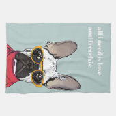 かわいいレトロフランスのレッドブルドッグとネオングラス キッチンタオル (横)