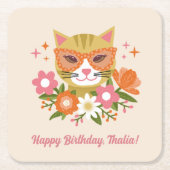 かわいいレトロフローラクールキャットガールズ誕生日 スクエアペーパーコースター (正面)
