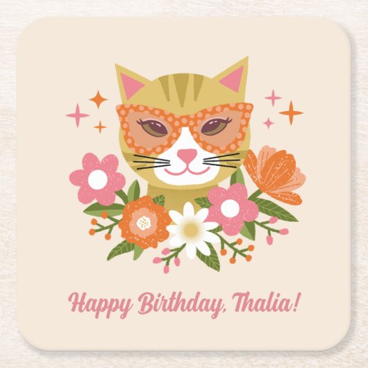 かわいいレトロフローラクールキャットガールズ誕生日 スクエアペーパーコースター (正面)