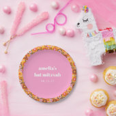 かわいいレトロフローラピンクオレンジバルミツワーカスタム ペーパープレート (パーティー)