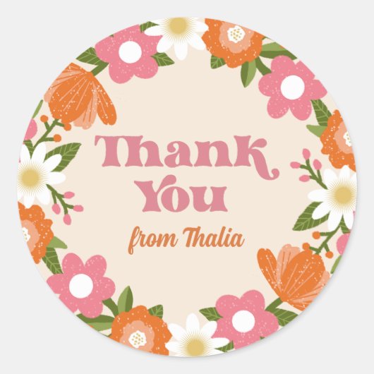 かわいいレトロフローラフレームありがとうありがとう ラウンドシール (正面)