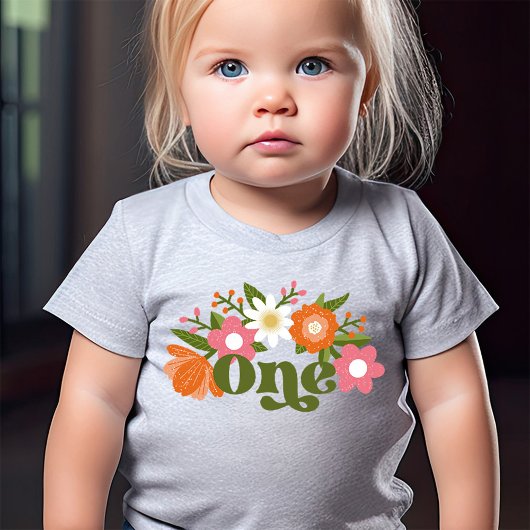 かわいいレトロフローラワン |ベビーの最初の誕生日 ベビーTシャツ