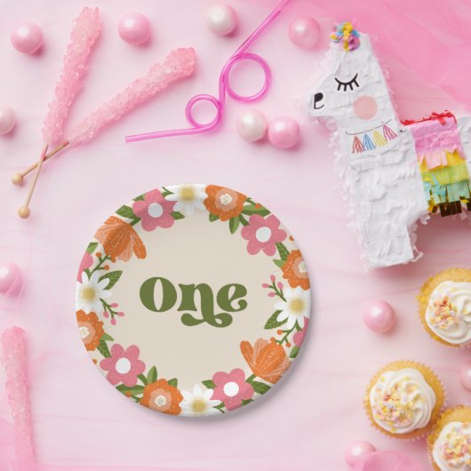 かわいいレトロフローラワン |ベビーの最初の誕生日 ペーパープレート (パーティー)