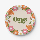 かわいいレトロフローラワン |ベビーの最初の誕生日 ペーパープレート (正面)