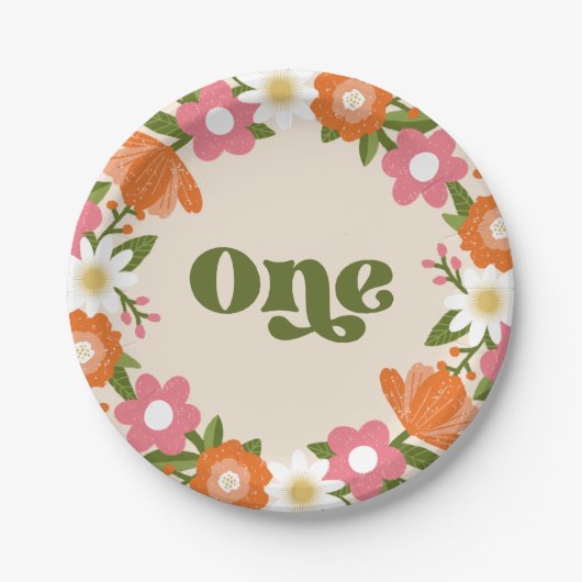 かわいいレトロフローラワン |ベビーの最初の誕生日 ペーパープレート (正面)