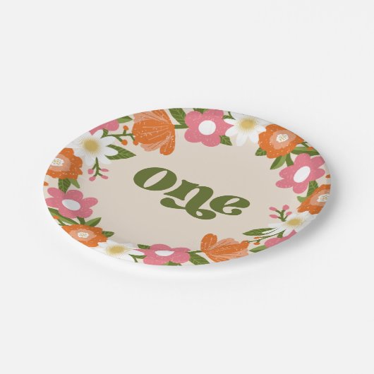 かわいいレトロフローラワン |ベビーの最初の誕生日 ペーパープレート (アングル)
