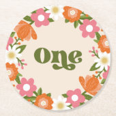 かわいいレトロフローラワン |ベビーの最初の誕生日 ラウンドペーパーコースター (正面)