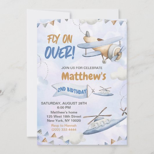 かわいいレトロブルーの飛行機が2歳を超える誕生日に飛ぶ|過去記事 招待状 (正面)
