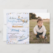 かわいいレトロブルー飛行機タイムフライ3歳の誕生日 招待状 (正面)