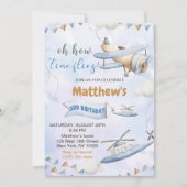 かわいいレトロブルー飛行機タイムフライ3歳の誕生日 招待状 (正面)