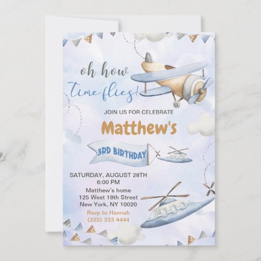 かわいいレトロブルー飛行機タイムフライ3歳の誕生日 招待状 (正面)