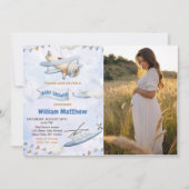 かわいいレトロブルー飛行機ベビーシャワー写真 招待状 (正面)