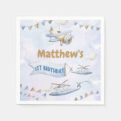 かわいいレトロブルー飛行機1歳の誕生日 スタンダードカクテルナプキン (正面)