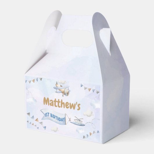 かわいいレトロブルー飛行機1歳の誕生日 フェイバーボックス (正面サイド)