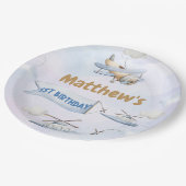 かわいいレトロブルー飛行機1歳の誕生日 ペーパープレート (アングル)