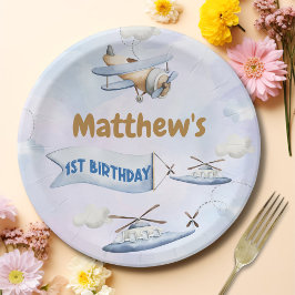 かわいいレトロブルー飛行機1歳の誕生日 ペーパープレート