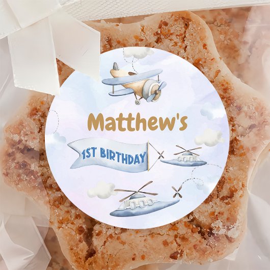 かわいいレトロブルー飛行機1歳の誕生日 ラウンドシール