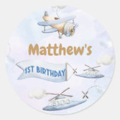 かわいいレトロブルー飛行機1歳の誕生日 ラウンドシール (正面)
