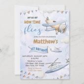 かわいいレトロブルー飛行機1歳の誕生日 招待状 (正面)