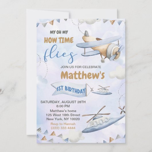 かわいいレトロブルー飛行機1歳の誕生日 招待状 (正面)