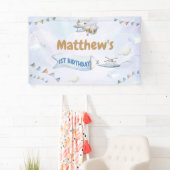 かわいいレトロブルー飛行機1歳の誕生日 横断幕 (インサイチュ)