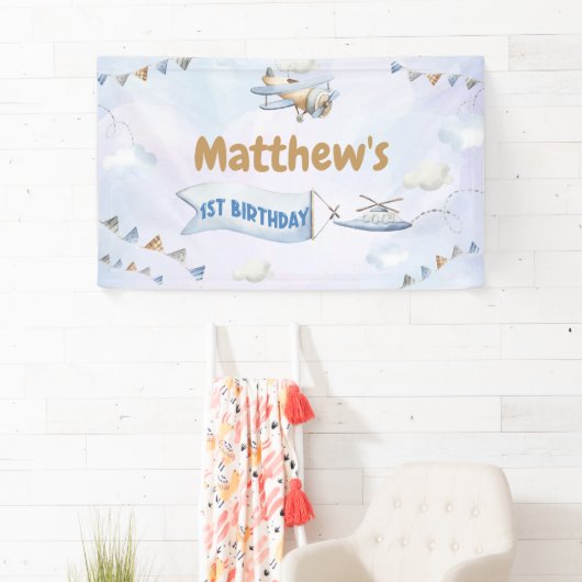 かわいいレトロブルー飛行機1歳の誕生日 横断幕 (インサイチュ)