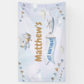 かわいいレトロブルー飛行機1歳の誕生日 横断幕 (縦)