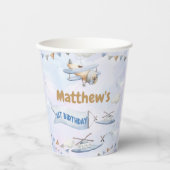 かわいいレトロブルー飛行機1歳の誕生日 紙コップ (正面)