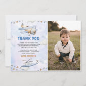 かわいいレトロブルー飛行機1stバースデーフォト サンキューカード (正面)