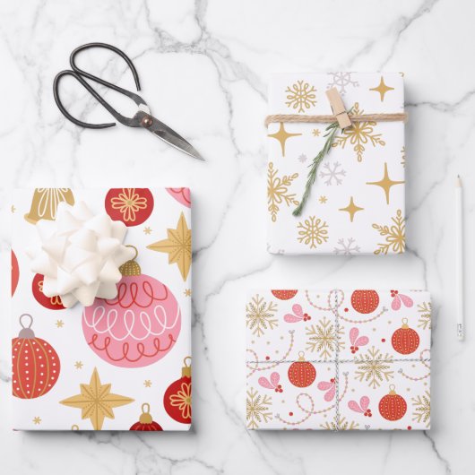かわいいレトロホリデーオーナメントスノーフレークスクリスマス ラッピングペーパーシート (正面)