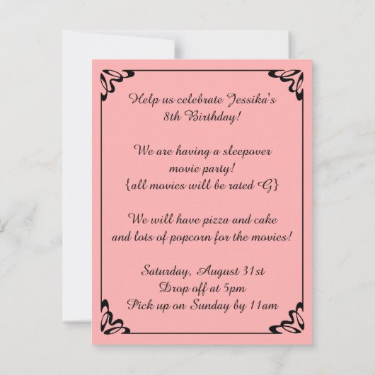かわいいレトロポップコーンと映画の夜の誕生日パーティー 招待状 (裏面)