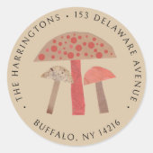 かわいいレトロマッシュルーム茶色差出人住所ラベル ラウンドシール (正面)