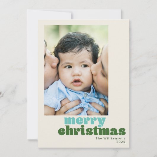 かわいいレトロミントグリーンカスタムフォトメリークリスマス シーズンカード (正面)