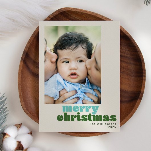 かわいいレトロミントグリーンカスタムフォトメリークリスマス シーズンカード